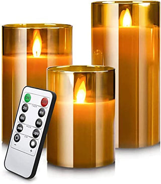 Led Flameless Candles, Battery Operated Flickering Candles Pillar Real Wax Moving Flame Electric Candle Sets Gold Glass with Remote Timer for Home Fireplace Xmas Decor, 4 in,5 in,6 in,3 Pack