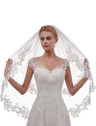 EllieHouse Women's Short 2 Tier Lace White Wedding Bridal Veil With Comb L24WT