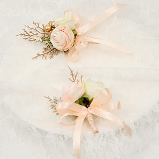 HiiARug Ivory Light Peach Rose Boutonniere for Men Wedding Set of 6 Groom Groomsmen Flower Boutonnieres Ribbon Gold Berry for Wedding Party Prom Man Suit Decoration