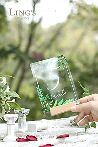 Ling's Moment Acrylic Table Numbers for Wedding 1-20 with Natural Wood Stands Greenery Calligraphy 4x6 inch