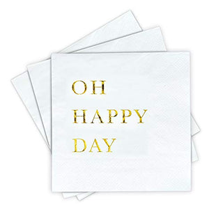 Gold Cocktail Napkins, Wedding Party Napkins - Oh Happy Day Disposable Paper Napkins for Wedding Reception, Engagement Party, Bridal Shower, Baby Shower - 3-Ply Gold Napkins by Sunshine Supply