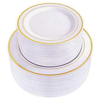 WDF 120 pieces Gold Disposable Plastic Plates - Gold Rim Plates Set of 60, Plastic Plates for Parties, Disposable Gold Party Plates, 10.25" Dinner Plates & 7.5" Salad Plates for Weddings and Holidays