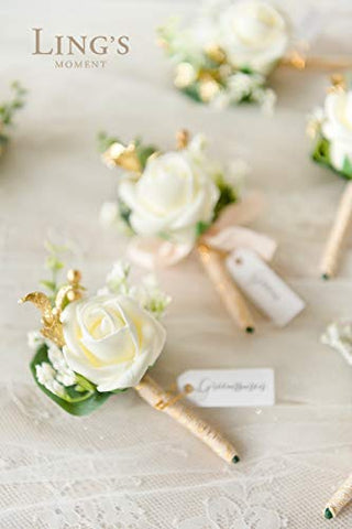 Ling's Moment Ivory & Greenery Eucalyptus Boutonniere for Men Wedding with Pins, Set of 6, Groom and Groomsmen Boutonniere for Wedding Ceremony Anniversary, Dinner Party, Prom Flowers