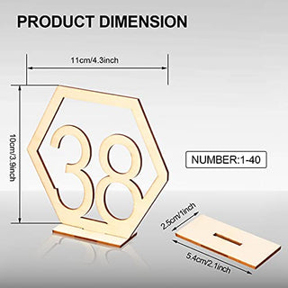 Semani 40 Pieces Wooden Table Numbers Hexagon Shape 1-40 Wedding Table Numbers Rustic Wooden Table Numbers Standing Table Numbers with Holder Base Reception Stands Decor for Wedding Event Party Supply
