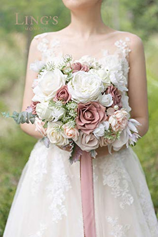 Ling's moment 11 Inch Dusty Rose Artificial Flowers Wedding Bouquets for Bride - Bridal Bouquet for Wedding Ceremony Anniversary, Bridal Shower, Party and French Rustic Vintage Wedding