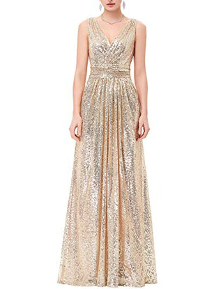 Kate Kasin V Neck Shining Sequin Evening Plus Size Prom Dress Light Gold US12 KK199