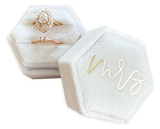 Mrs Wedding Ring Box With Gold Cursive Font | White Velvet Hexagon Ring Box for Proposal Bride Gift | Bridal Shower Gift