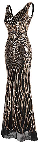 Angel-fashions Women's V Neck Backless Floral Sequin Bodycon Evening Dress XXLarge Gold