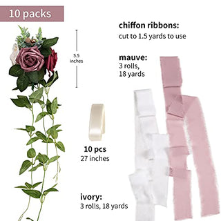 DORIS HOME Wedding Aisle Decorations Mauve Burgundy Pew Flowers Set of 10 for Wedding Ceremony Party Chair Decor with Artificial Flowers Eucalyptus and Ribbons
