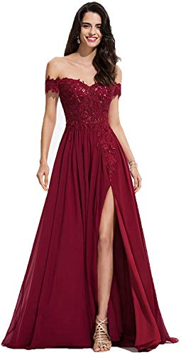 Dimei Lace Off Shoulder Prom Dresses Long with Slit A-Line Chiffon Bridesmaid Dresses for Women Formal Dresses with Train Watermelon 2
