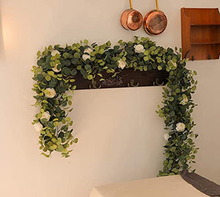 MISSPIN 6.9ft Eucalyptus Garland with Flowers -12 Lovely Peonies-Lush, Soft Artificial Eucalyptus and Rose Garland Decor, Floral Garland Greenery Garland for Wedding Table Decor （White,1）