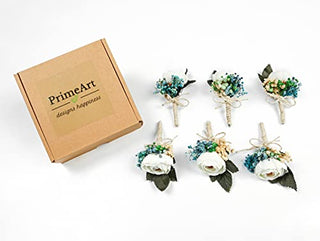 PRIMEART Boutonniere for Men Wedding Set of 6, Groom Boutonniere, Boutineers for Men Wedding, White Boutenierre for Men Wedding, Boutenierre for Groomsmen, Boutenierre Set for Prom