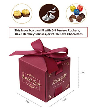 DORIS HOME 50pcs 2.5 * 2.5 * 2.5 Inch Burgundy Birthday Wedding Party Favor Boxes,Wedding Gift Bags Chocolate Candy and Gift Boxes Bridal Shower Party Paper Gift Boxes with Ribbons