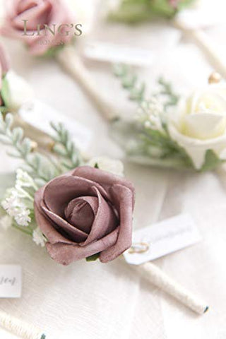 Ling's Moment Dusty Rose Boutonniere for Men Wedding with Pins, Set of 6, Groom and Groomsmen Boutonniere for Wedding Ceremony Anniversary, Dinner Party, Prom Flowers and Fall Vintage Wedding