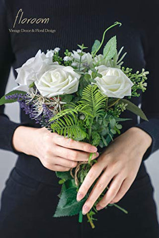 floroom Artificial Flowers 25pcs Real Looking Ivory Foam Fake Roses with Stems for DIY Wedding Bouquets White Bridal Shower Centerpieces Arrangements Party Tables Decorations