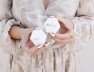Mrs Wedding Ring Box With Gold Cursive Font | White Velvet Hexagon Ring Box for Proposal Bride Gift | Bridal Shower Gift