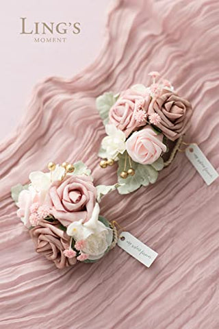 Ling's Moment Wrist Corsages for Wedding(Set of 2), Dusty Rose Corsages for Wedding Mother of Bride and Groom, Prom Flowers