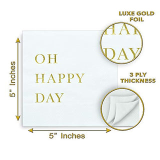 Gold Cocktail Napkins, Wedding Party Napkins - Oh Happy Day Disposable Paper Napkins for Wedding Reception, Engagement Party, Bridal Shower, Baby Shower - 3-Ply Gold Napkins by Sunshine Supply