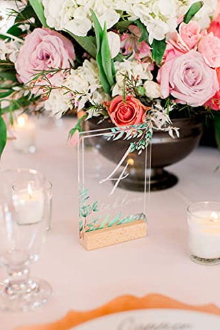Ling's Moment Acrylic Table Numbers for Wedding 1-20 with Natural Wood Stands Greenery Calligraphy 4x6 inch