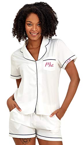 TEEAMORE Custom Womens Silk Pajamas Set Personalized Cotton Pajamas Set Embroidered Short Sleeve Sleepwear Pjs Sets White/Navy