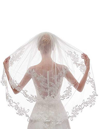 EllieHouse Women's Short 2 Tier Lace White Wedding Bridal Veil With Comb L24WT