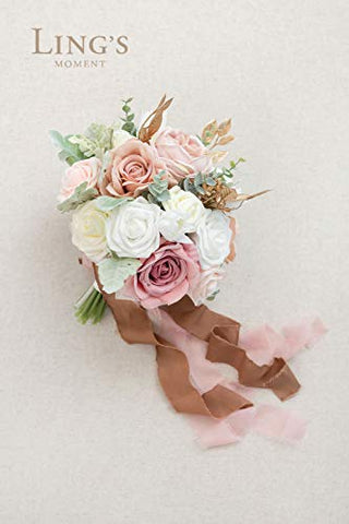 Ling's Moment Classic Dusty Rose 9 Inch Artificial Flowers Wedding Bouquets for Bridesmaid - Tossing Bouquet - Bridal Bouquet for Wedding Ceremony Anniversary, Bridal Shower and French Rustic Wedding