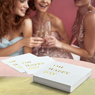 Gold Cocktail Napkins, Wedding Party Napkins - Oh Happy Day Disposable Paper Napkins for Wedding Reception, Engagement Party, Bridal Shower, Baby Shower - 3-Ply Gold Napkins by Sunshine Supply