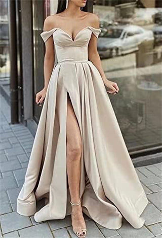 ANGELWARDROBE Off Shoulder Prom Dresses Long for Women Empire Waist Satin Formal Evening Gown with Slit Burgundy Beaded Belt Size 6