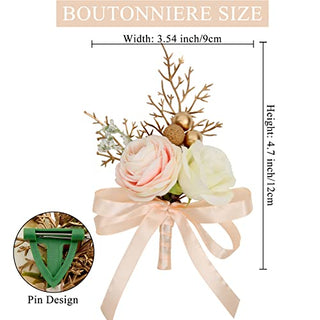 HiiARug Ivory Light Peach Rose Boutonniere for Men Wedding Set of 6 Groom Groomsmen Flower Boutonnieres Ribbon Gold Berry for Wedding Party Prom Man Suit Decoration