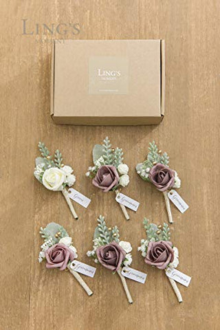Ling's Moment Dusty Rose Boutonniere for Men Wedding with Pins, Set of 6, Groom and Groomsmen Boutonniere for Wedding Ceremony Anniversary, Dinner Party, Prom Flowers and Fall Vintage Wedding