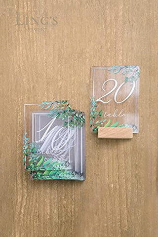 Ling's Moment Acrylic Table Numbers for Wedding 1-20 with Natural Wood Stands Greenery Calligraphy 4x6 inch