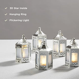 Silver Mini Lanterns with LED Star - 4.5 Inch Tall, Warm White 3D Holographic Star Light, Eid & Ramadan Decorations or Winter Wedding Centerpiece, Batteries Included - Set of 6
