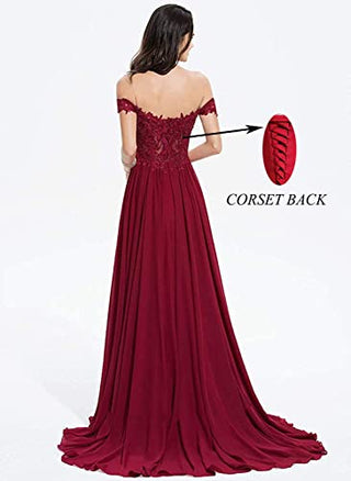 Dimei Lace Off Shoulder Prom Dresses Long with Slit A-Line Chiffon Bridesmaid Dresses for Women Formal Dresses with Train Watermelon 2