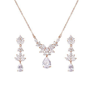 SWEETV Rose Gold Teardrop Wedding Bridal Jewelry Set for Brides Women Bridesmaid, Crystal Rhinestone Backdrop Necklace Earring Sets for Wedding Prom Party