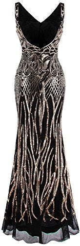 Angel-fashions Women's V Neck Backless Floral Sequin Bodycon Evening Dress XXLarge Gold