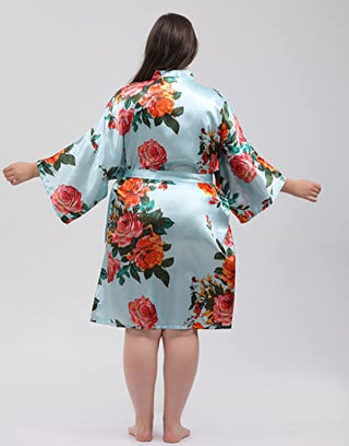 QXQTER Peony Floral Silk Kimono Robe Bride Bridal Bridesmaid Robes Dressing Gown Housecoat Bathrobe for Women (Light blue, Large-X-Large)