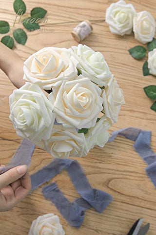 floroom Artificial Flowers 25pcs Real Looking Ivory Foam Fake Roses with Stems for DIY Wedding Bouquets White Bridal Shower Centerpieces Arrangements Party Tables Decorations