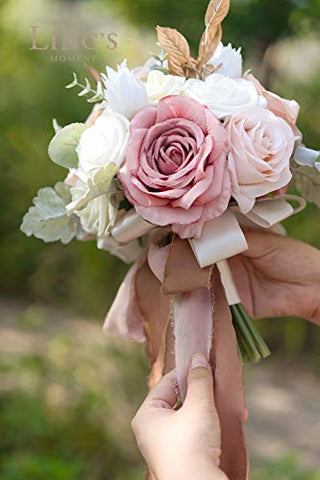 Ling's Moment Classic Dusty Rose 9 Inch Artificial Flowers Wedding Bouquets for Bridesmaid - Tossing Bouquet - Bridal Bouquet for Wedding Ceremony Anniversary, Bridal Shower and French Rustic Wedding