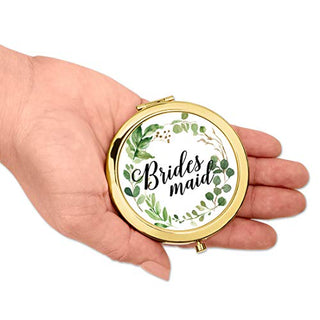 Andaz Press Compact Mirror Bridesmaid Wedding Gift, Gold, Greenery Green Leaves, 1-Pack, Bachelorette Bridal Shower Wedding Party Gifts
