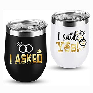 Bride Groom Wedding Wine Tumbler Set of 2 | I Asked I Said Yes | Gifts for Couple Coffee Mug Cup Wedding Anniversary Engagement Gift Stemless Tumblers Set With Lid Stainless Steel Insulated 12 Oz