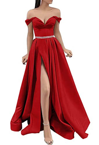 ANGELWARDROBE Off Shoulder Prom Dresses Long for Women Empire Waist Satin Formal Evening Gown with Slit Burgundy Beaded Belt Size 6