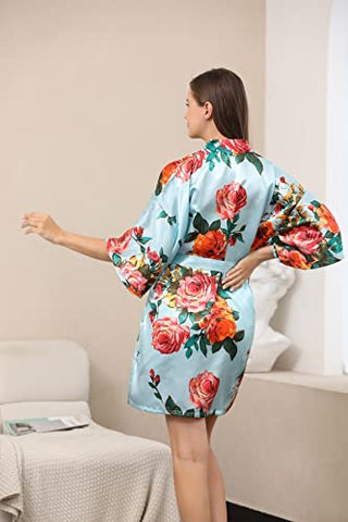 QXQTER Peony Floral Silk Kimono Robe Bride Bridal Bridesmaid Robes Dressing Gown Housecoat Bathrobe for Women (Light blue, Large-X-Large)