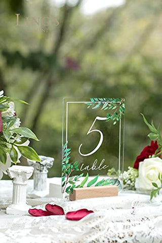 Ling's Moment Acrylic Table Numbers for Wedding 1-20 with Natural Wood Stands Greenery Calligraphy 4x6 inch