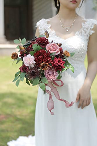 HIMIFOLO Artificial Flowers Dahlia Flowers Combo for DIY Wedding Bouquets Burgundy Centerpieces Arrangements Party Bridal Baby Shower Home Decorations (Mature Burgundy)