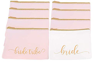 Heather & Willow 8 Piece Set | Bride Tribe Bridesmaid Gifts Bags, Canvas Makeup Bags Cosmetic Clutch & Purse | Bachelorette Party Favors | Bridesmaid Proposal Box for Wedding Bridal Shower - Blush