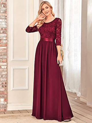 Ever-Pretty Women Lace Elegant 3/4 Sleeve Chiffon Maxi Wedding Guest Dress Burgundy US10
