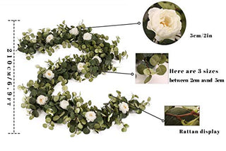 MISSPIN 6.9ft Eucalyptus Garland with Flowers -12 Lovely Peonies-Lush, Soft Artificial Eucalyptus and Rose Garland Decor, Floral Garland Greenery Garland for Wedding Table Decor （White,1）