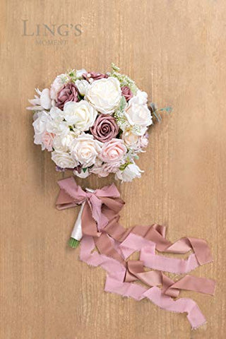Ling's moment 11 Inch Dusty Rose Artificial Flowers Wedding Bouquets for Bride - Bridal Bouquet for Wedding Ceremony Anniversary, Bridal Shower, Party and French Rustic Vintage Wedding