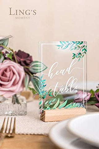 Ling's Moment Acrylic Table Numbers for Wedding 1-20 with Natural Wood Stands Greenery Calligraphy 4x6 inch