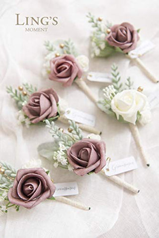 Ling's Moment Dusty Rose Boutonniere for Men Wedding with Pins, Set of 6, Groom and Groomsmen Boutonniere for Wedding Ceremony Anniversary, Dinner Party, Prom Flowers and Fall Vintage Wedding